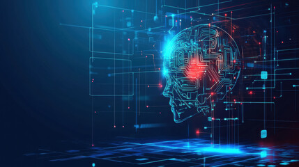 digital representation of human head with circuit patterns symbolizes AI powered decision making in futuristic digital business environment