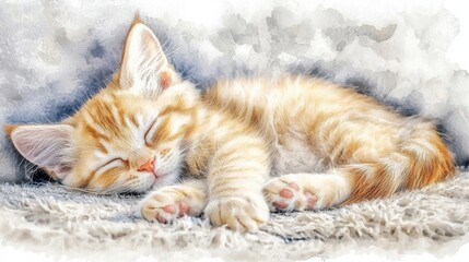 Fototapeta premium A relaxed tabby cat is stretched out and dozing on a soft fuzzy rug in a peaceful indoors setting The feline s cozy