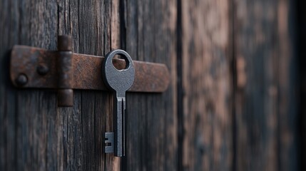 A close-up of an old, rusty key inserted into a weathered wooden door latch, suggesting mystery
