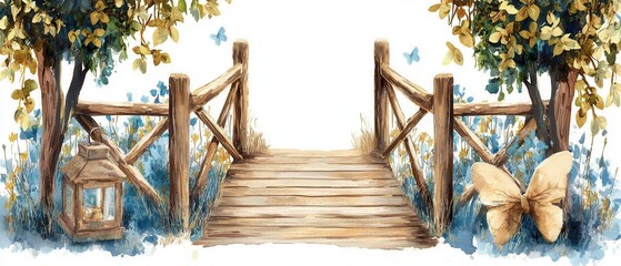 Enchanting Wooden Bridge Winding Through a Lush Autumn Landscape  A rustic wooden bridge cuts through a flourishing forest filled with vibrant fall foliage