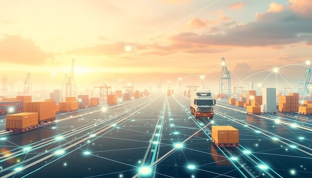 Truck carries cargo through port with connected digital network systems