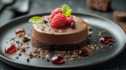 Decadent chocolate dessert artfully plated with raspberries and rich chocolate for an indulgent vegan experience