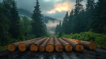 Misty Forest Road with Stacked Logs Dramatic Sunrise Pine Trees