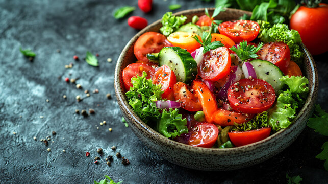 Colorful bowl of crisp salad featuring fresh tomatoes and cucumbers with artistic plating for a chic vegan dish