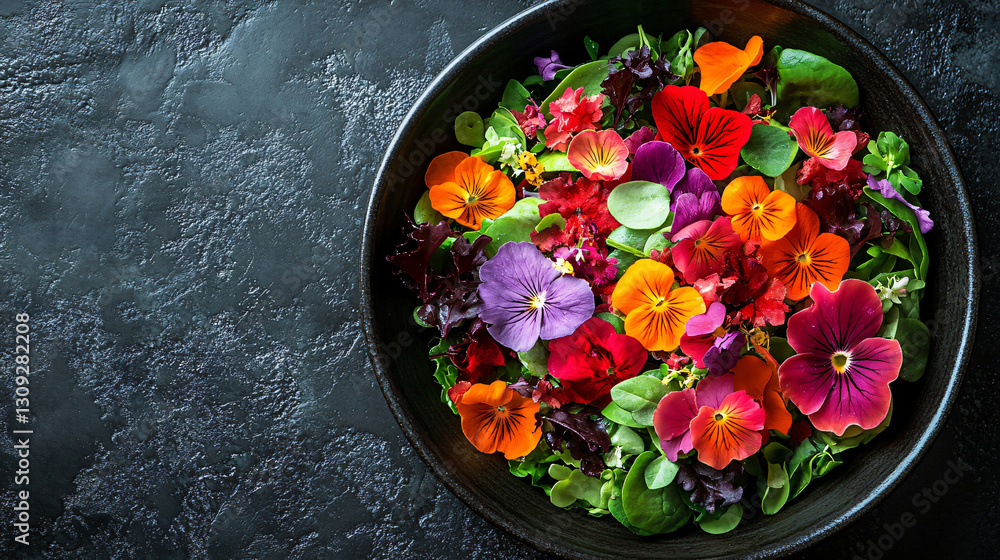Poster chic bowl of colorful flowers arranged on a table creating a beautiful decorative centerpiece for an