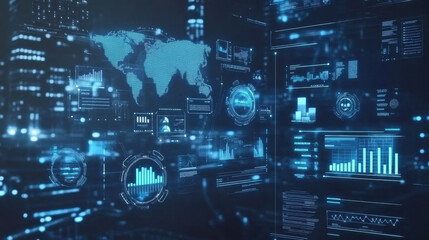 Fototapeta premium Futuristic digital interface with data analytics and world map in virtual environment. image showcases advanced technology and AI powered marketing transformation