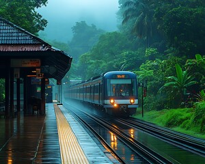 Fototapeta premium Train arriving at a tropical rain forest station.