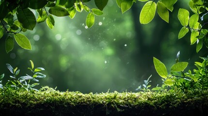 lush forest landscape with dappled sunlight filtering through leaves, vibrant green foliage, mist rising from the ground, soft bokeh effect in the background for copy space, serene atmosphere
