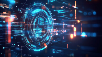 Obraz premium Futuristic digital interface with glowing blue and orange elements, showcasing advanced technology and AI driven solutions. image conveys innovation and automation in business