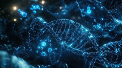 Futuristic digital molecular network featuring DNA strands, neurons, and atoms linked by glowing blue dots in a sci-fi environment