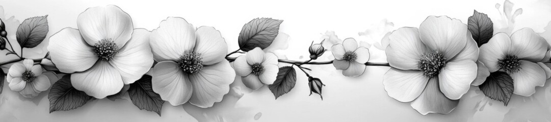 Fototapeta premium Delicate Black and White Flowers with Leaves and Soft Background. Generative AI