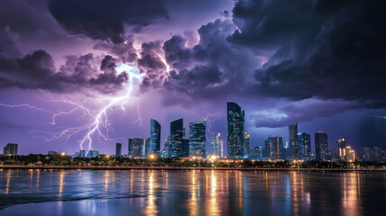 Fototapeta premium dramatic lightning storm illuminates night sky over modern cityscape, reflecting on calm water below. vibrant purple and blue hues create striking contrast with dark clouds