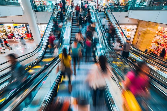 Busy shopping center escalators filled with people on a weekend afternoon