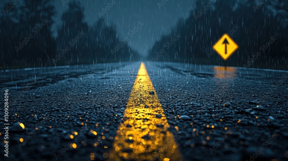 Poster moody scene of an empty asphalt road with rain droplets, illuminated by the soft glow of dusk.