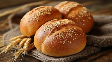 Golden Brown Bread Rolls with Sesame Seeds on Burlap