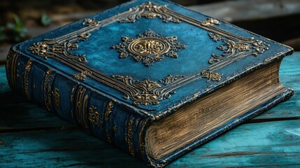 Antique blue book gold ornate cover wooden surface