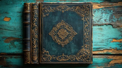 Antique book teal leather gold detailing