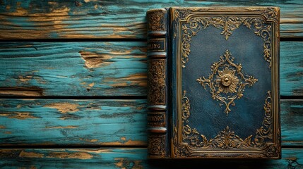 Antique book, teal leather, gold detailing, wooden background
