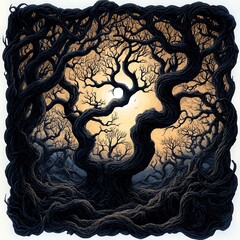 Intricate Dark Trees Silhouette at Sunset