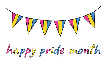 Colorful garland Pansexual pride flag Happy pride day LGBTQIA community Pride Month Vector hand drawn doodle for posters, stickers, logo, cards