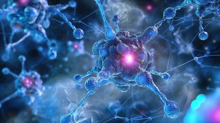 Futuristic molecular visualization of a genetic structure, neurons, and atoms interconnected by a high-tech blue grid in deep space