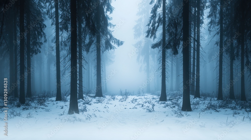 Poster mysterious foggy forest in winter, tall trees shrouded in mist, hints of snow on the ground, soft li