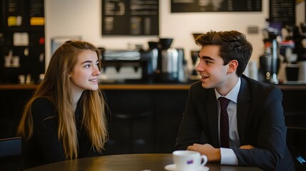 CEO Mentoring Young Intern in a Modern Coffee Shop for Career Development and Business Insights