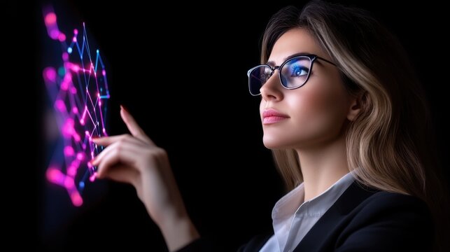 5G and AI-powered smart industries. Businesswoman managing an interconnected cyber system. Future-proof technology solutions.