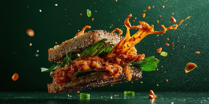 Floating sandwich with kimchi and spicy Korean mayo splashes on a deep forest green background