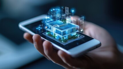 Online property search concept: modern villa appearing as a hologram above a smartphone screen in a user hand.