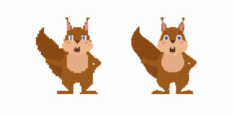 Two pixel art squirrels with large bushy tails face forward with hands on hips in similar poses.