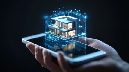 Online property search concept: modern villa appearing as a hologram above a smartphone screen in a use hand.