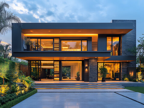 This stunning stock photo showcases a beautifully crafted modern house design featuring a bold and sophisticated facade with a warm color palette and exquisite attention to detail.
