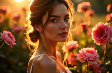 Naklejka premium Portrait of a woman surrounded by blooming roses during sunset glow