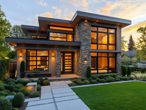 This stunning stock photo showcases a beautifully crafted modern house design featuring a bold and sophisticated facade with a warm color palette and exquisite attention to detail.