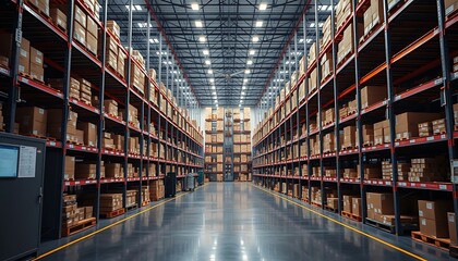 Fototapeta premium Warehouse aisle with multiple rows of stored boxes on shelves