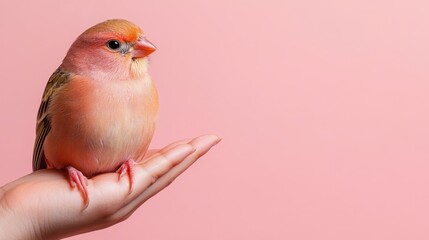 A delicate, soft-colored bird rests gently on an open hand, symbolizing the beauty of nature and the gentle bond between humans and wildlife in a tranquil setting.