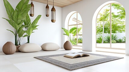 Serene Minimalist Interior Design Open Plan Room with Plants Cushions and a Book