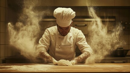 Passionate baker kneading dough in a flurry of flour on a wooden countertop