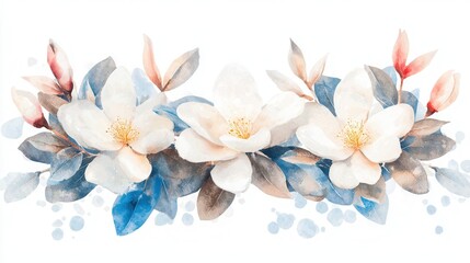 Stunning botanical watercolor composition showcasing a delicate floral arrangement of white blue and pink blooms with soft gray leaves and foliage  The ethereal romantic painting features a serene