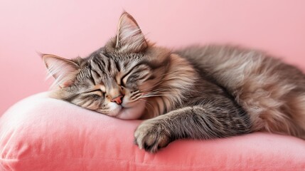 Fototapeta premium Relaxed cat taking a peaceful nap on a soft pink pillow on pink backgrpund