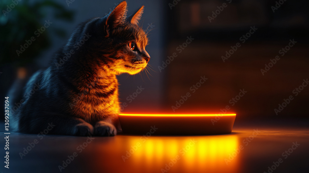 Poster serene cat sitting on a table imagining a luxury pet food in the metaverse with a calm and relaxed v