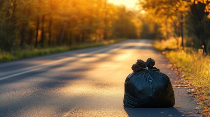 Black plastic garbage bag sitting on the asphalt of a country road at sunset, symbolizing littering and environmental pollution