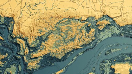 River Delta Aerial Topography, Coastal Plain, Geographic Map,  Elevation Data, Background City
