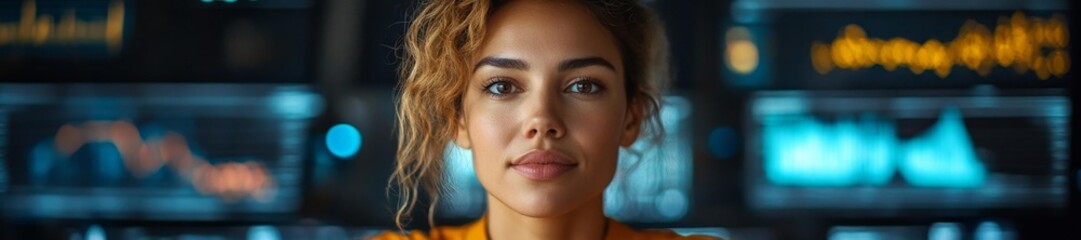 Fototapeta premium Focused young woman analyzing data in a futuristic office with dynamic digital displays in the background. Generative AI