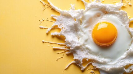This exciting image captures an egg cracked open, with the contents splashing on a bright yellow surface, representing dynamism and creative cooking themes.