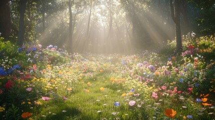 Fototapeta premium Sunlit Forest Meadow with Colorful Wildflowers