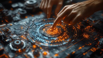 Futuristic Technology Interface Hands Interacting with Glowing Circuit Board