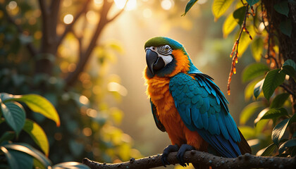 Colorful macaw perched on a branch in a lush jungle setting