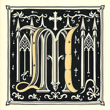 M, Gothic Uncial, vintage illustration